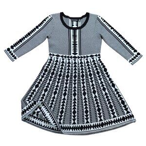 Nina Leonard Dress Black, White Geometric Pattern, 3/4 Sleeves & Scoop Neck S.